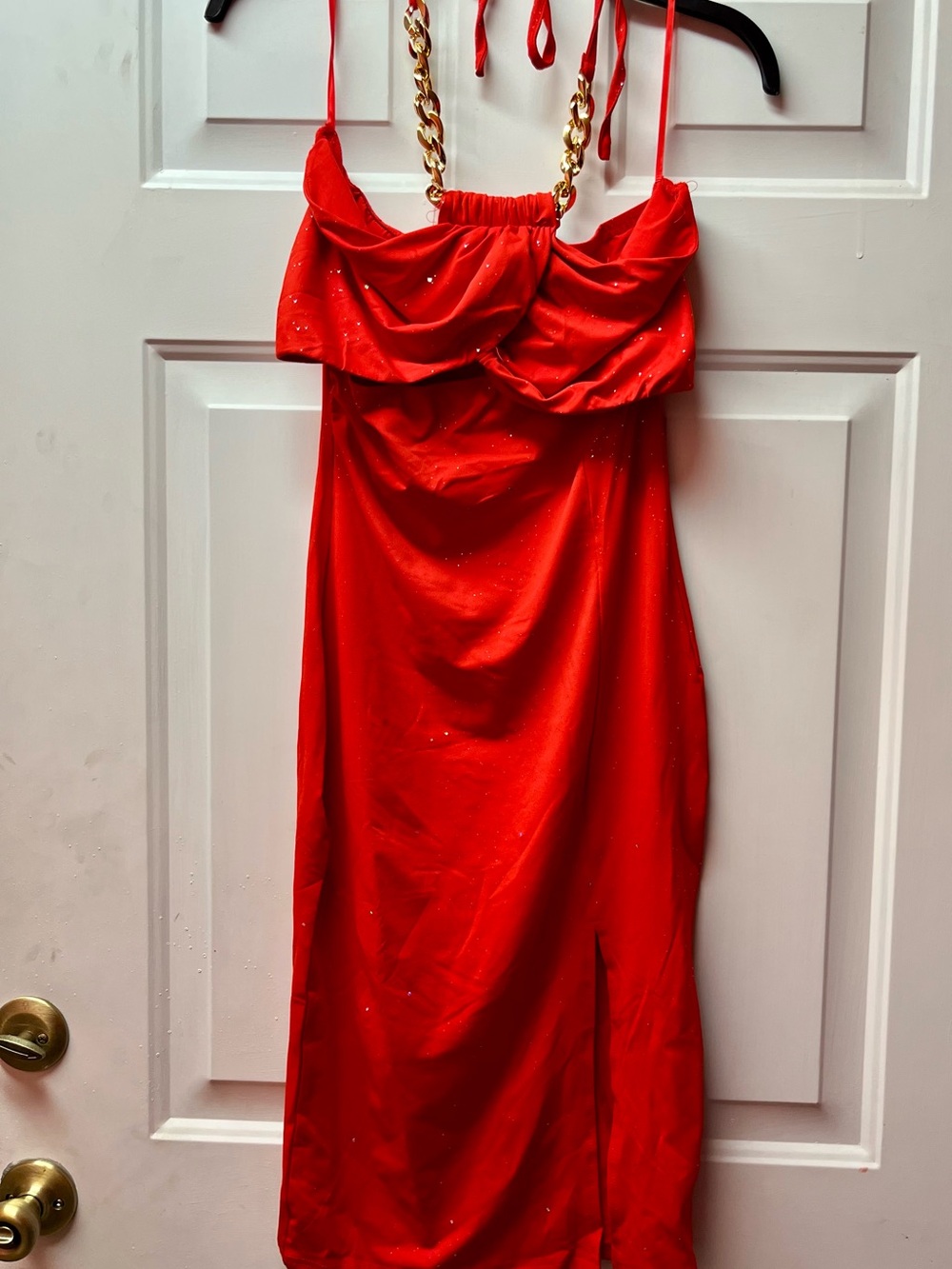 Red Strapless Satin Dress with Gold Chain Straps
